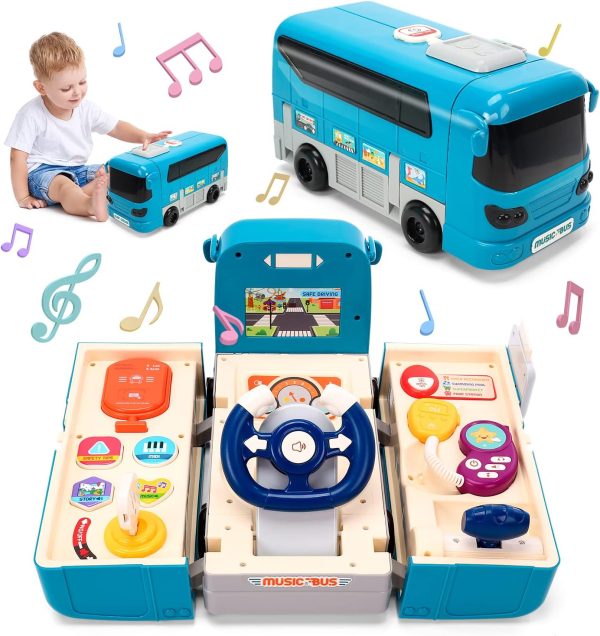 Bus Car Toy, Kids Play Vehicle with Sound and Light, Simulation Steering Wheel, Musical School Bus Toy