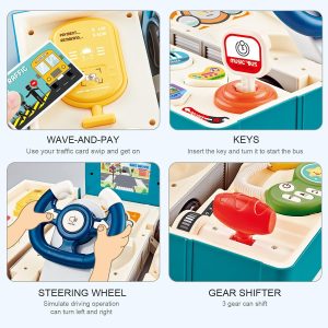 Bus Car Toy, Kids Play Vehicle with Sound and Light, Simulation Steering Wheel, Musical School Bus Toy