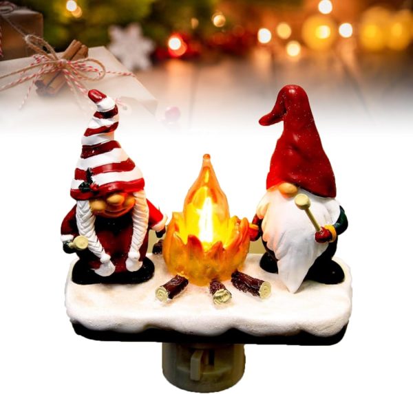 Christmas Gnome Campfire Nightlight, 3D Stereo Gnome Christmas Eve Lights, LED Faux Campfire Lamp Christmas Decoration