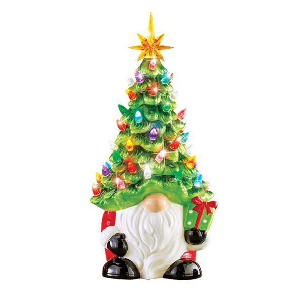 Gnomes Christmas Decorations, Lighted Up Gnomes Ceramic Christmas Tree with Multicolored Lights, Small Mini Pre Lit Xmas Holiday Decor