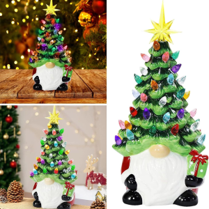 Gnomes Christmas Decorations, Lighted Up Gnomes Ceramic Christmas Tree with Multicolored Lights, Small Mini Pre Lit Xmas Holiday Decor