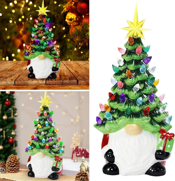 Gnomes Christmas Decorations, Lighted Up Gnomes Ceramic Christmas Tree with Multicolored Lights, Small Mini Pre Lit Xmas Holiday Decor