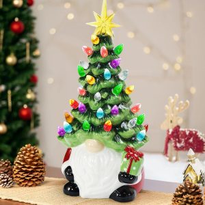 Gnomes Christmas Decorations, Lighted Up Gnomes Ceramic Christmas Tree with Multicolored Lights, Small Mini Pre Lit Xmas Holiday Decor