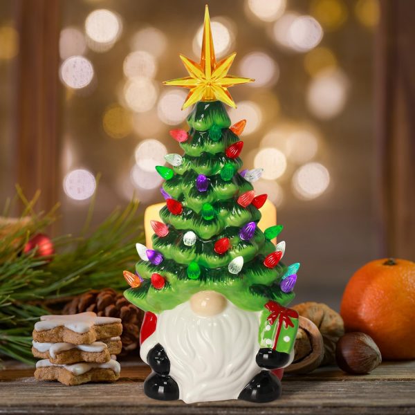 Gnomes Christmas Decorations, Lighted Up Gnomes Ceramic Christmas Tree with Multicolored Lights, Small Mini Pre Lit Xmas Holiday Decor