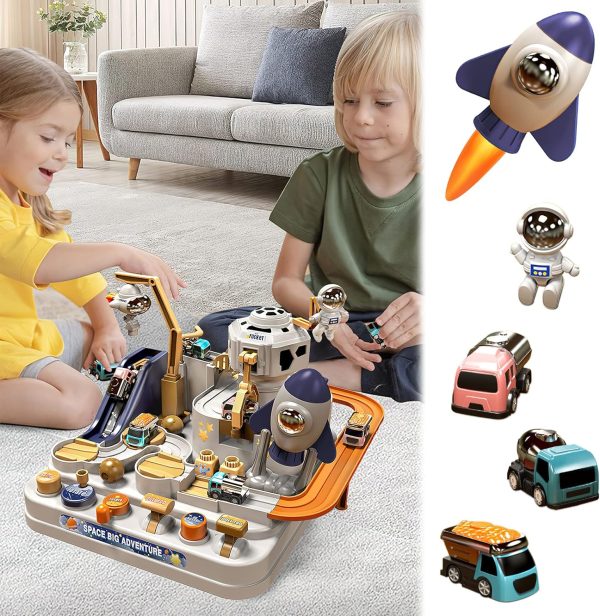 Kids Race Track Game Car Adventure Toy, Spaceship Puzzle Rail Track City Rescue Playset Magnet Toy Educational Learning