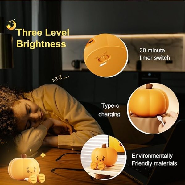 Pumpkin Night Light, Cute LED Lamp, Silicone Dimmable Nursery Nightlight for Kids, Silicone Rechargeable Bedside Touch Lamp