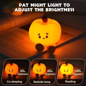 Pumpkin Night Light, Cute LED Lamp, Silicone Dimmable Nursery Nightlight for Kids, Silicone Rechargeable Bedside Touch Lamp