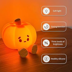 Pumpkin Night Light, Cute LED Lamp, Silicone Dimmable Nursery Nightlight for Kids, Silicone Rechargeable Bedside Touch Lamp