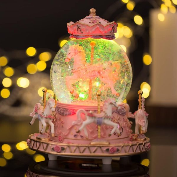 Wrapped Music Box Carousel Horses Color Lights, Unicorn Musical Snow Globe, Crystal Music Box Carousel