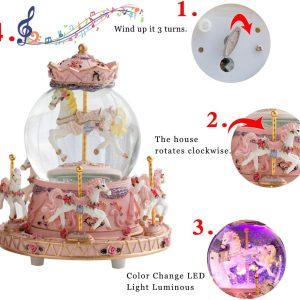 Wrapped Music Box Carousel Horses Color Lights, Unicorn Musical Snow Globe, Crystal Music Box Carousel