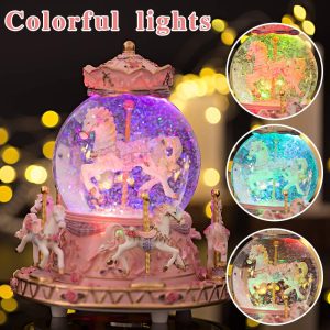 Wrapped Music Box Carousel Horses Color Lights, Unicorn Musical Snow Globe, Crystal Music Box Carousel