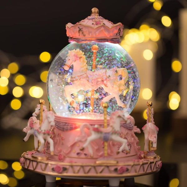 Wrapped Music Box Carousel Horses Color Lights, Unicorn Musical Snow Globe, Crystal Music Box Carousel