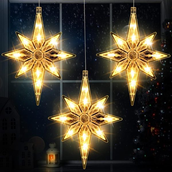 3pcs Bethlehem Christmas Star Lights, Plastic Lighted Star Tree Topper, Large Hanging Window Lights, LED Star Window Silhouette Decoration