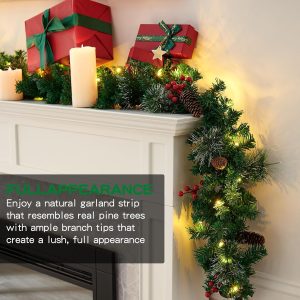 Christmas Garland Decoration with Warm LED Lights, Pre-Lit Lighted Christmas Garland Decorated with Pine Cones