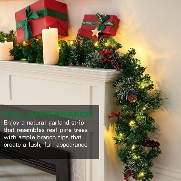 Christmas Garland Decoration with Warm LED Lights, Pre-Lit Lighted Christmas Garland Decorated with Pine Cones