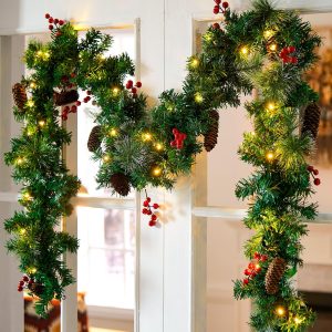 Christmas Garland Decoration with Warm LED Lights, Pre-Lit Lighted Christmas Garland Decorated with Pine Cones