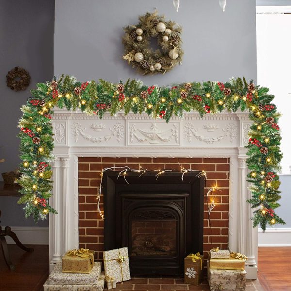 Christmas Garland Decoration with Warm LED Lights, Pre-Lit Lighted Christmas Garland Decorated with Pine Cones