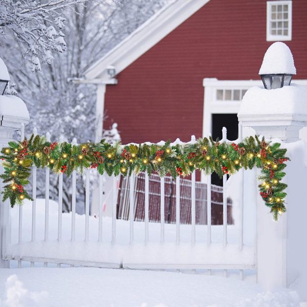 Christmas Garland Decoration with Warm LED Lights, Pre-Lit Lighted Christmas Garland Decorated with Pine Cones