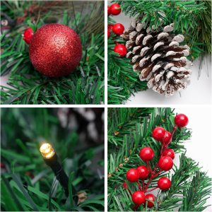 Christmas Garland Decoration with Warm LED Lights, Pre-Lit Lighted Christmas Garland Decorated with Pine Cones