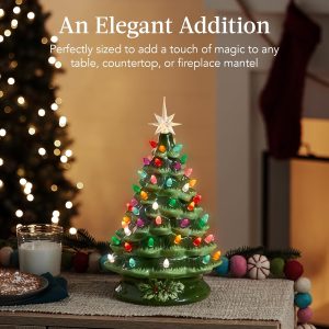 Hand Painted Ceramic Christmas Tree, Green 15-inch Pre-Lit Tree