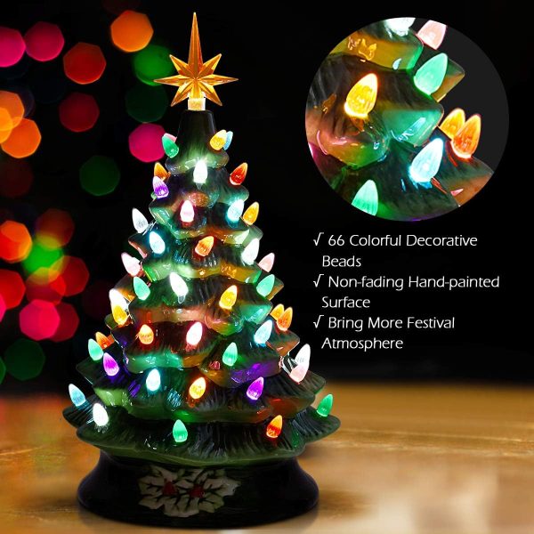 Hand Painted Ceramic Christmas Tree, Green 15-inch Pre-Lit Tree