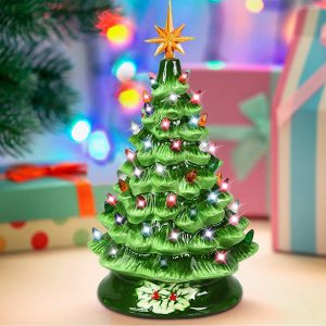 Hand Painted Ceramic Christmas Tree, Green 15-inch Pre-Lit Tree