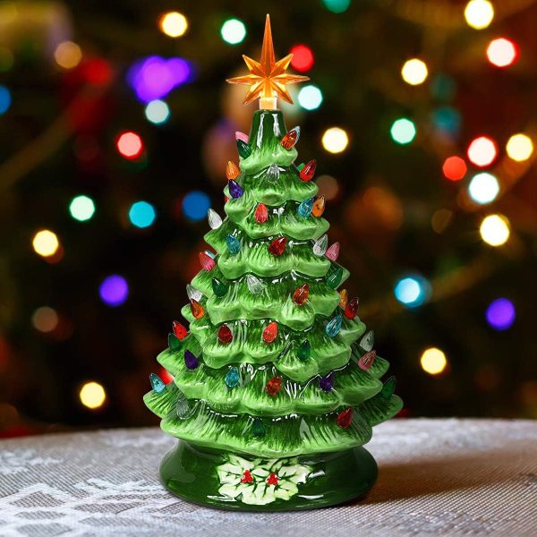 Hand Painted Ceramic Christmas Tree, Green 15-inch Pre-Lit Tree