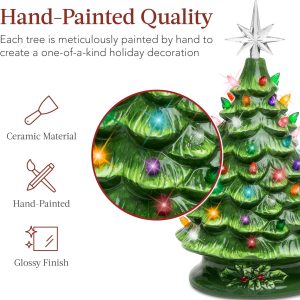 Hand Painted Ceramic Christmas Tree, Green 15-inch Pre-Lit Tree