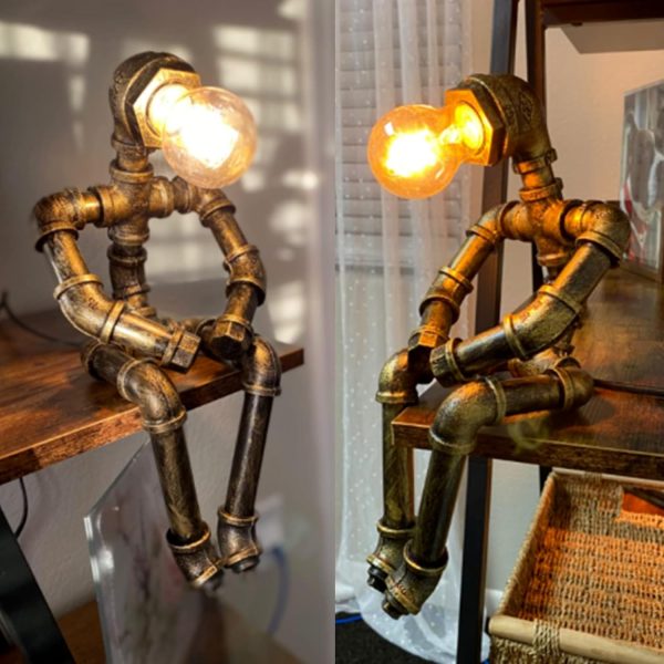 Steampunk Table Lamp, Retro Industrial Bronze Pipe Robot Desk Lamp