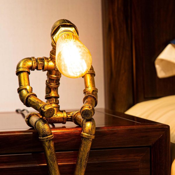 Steampunk Table Lamp, Retro Industrial Bronze Pipe Robot Desk Lamp