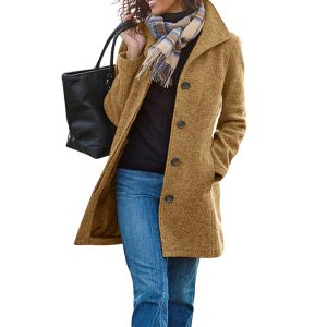 Women's Casual Thicken Wool Blend Stand Collar Single Breasted Pea Coat